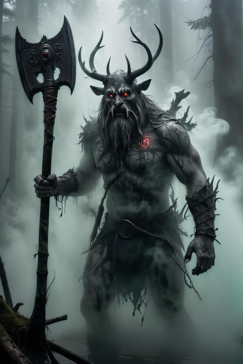smoke on the water, mysterious forest swamp, ancient forest spirit with glowing red eyes, glowing tattoos, emerging from smoke, holding a glowing axe, norse mythology, extremely detailed, ultra-realistic, <lora:fflix-sotw:1.0> <lora:add-detail-xl:1>
