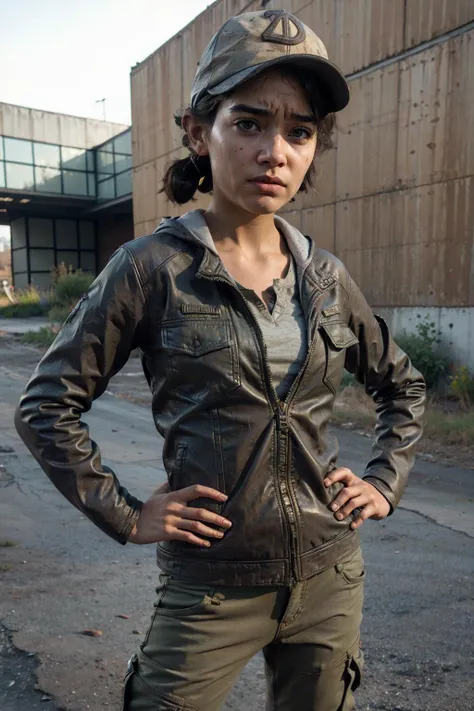 (looking at viewer:1.8)
1girl, solo, cute face, slim, skinny, teen, short frizzy hair, short twintails,
(grey motorcycle jacket), hoodie, baseball cap, (D on cap), black knee high boots, orange laces, wearing backpack, army green cargo pants, dirty, sleeves rolled up, v-neck shirt,
standing, 
view from front,
((left hands on hips)),
((right hand on hips)),
abandoned vehicles, ruined buildings.
<lora:ClementineWalkingDead1-10:0.6>