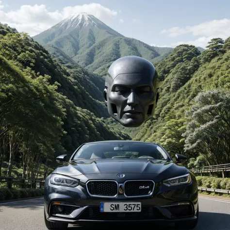 stuckism, humanoid car head, lush japanese landscape, fine features