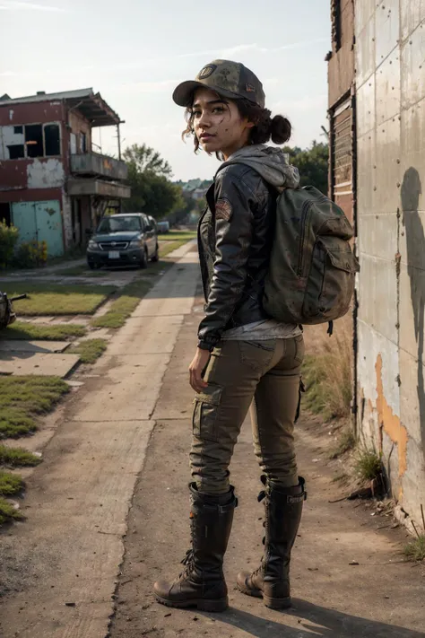 (looking at viewer:1.8)
1girl, solo, cute face, slim, skinny, teen, short frizzy hair,
(grey motorcycle jacket), hoodie, baseball cap, D on cap, black knee high boots, orange laces, wearing backpack, army green cargo pants, dirty, sleeves rolled up, v-neck shirt,
standing,
(full body shot),
{view from front | view from side | view from back},
abandoned vehicles, ruined buildings.
<lora:ClementineWalkingDead1-10:0.55>