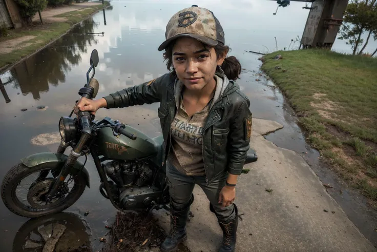 (looking at viewer:1.8)
1girl, solo, cute face, slim, skinny, teen, short frizzy hair, short twintails,
(grey motorcycle jacket), hoodie, baseball cap, (D on cap), black knee high boots, orange laces, wearing backpack, army green cargo pants, dirty, sleeves rolled up, v-neck shirt,
aiming gun,
{ (full body shot) | (close-up) },
view from above,
raining,
abandoned vehicles, ruined buildings.
<lora:ClementineWalkingDead1-10:0.55>