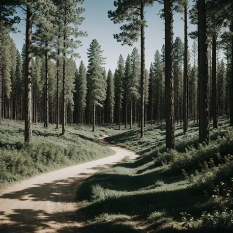 comic lines, computer setup, grey forest in the background, film post process