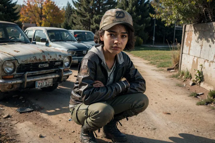 (looking at viewer:1.8)
1girl, solo, cute face, slim, skinny, teen, short frizzy hair, short twintails,
(grey motorcycle jacket), hoodie, baseball cap, (D on cap), black knee high boots, orange laces, wearing backpack, army green cargo pants, dirty, sleeves rolled up, v-neck shirt,
{ (full body shot) | (close-up) },
view from above,
squatting,
abandoned vehicles, ruined buildings.
<lora:ClementineWalkingDead1-10:0.55>