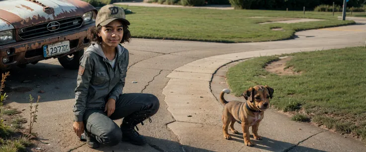 abandoned vehicles, ruined buildings.
BREAK
(looking at viewer:1.8),
1girl, solo, cute face, slim, skinny, teen, short frizzy hair, short twintails,
(grey motorcycle jacket), hoodie, baseball cap, (D on cap), black knee high boots, orange laces, wearing backpack, army green cargo pants, dirty, sleeves rolled up, v-neck shirt,
(taking a knee),
(full body shot),
view from below,
<lora:ClementineWalkingDead1:0.55>
BREAK
((small puppy, wet)).