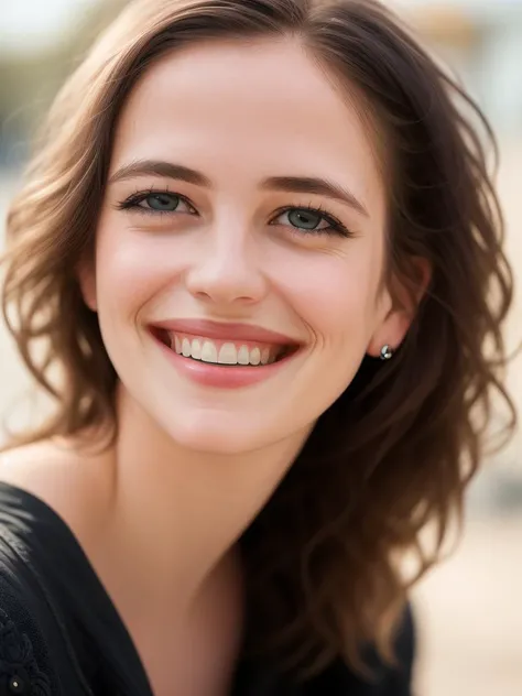 RAW photo , half body shot, Fine clothes, front facing, good skin, innocent smile, ((detailed face)), (detailed skin), intricate details, shallow depth of field, cinematic lighting, reflections, photographed on a Canon EOS R5, HDR, 8k resolution, smiling, Day time, <lyco:Eva Green:1.0>