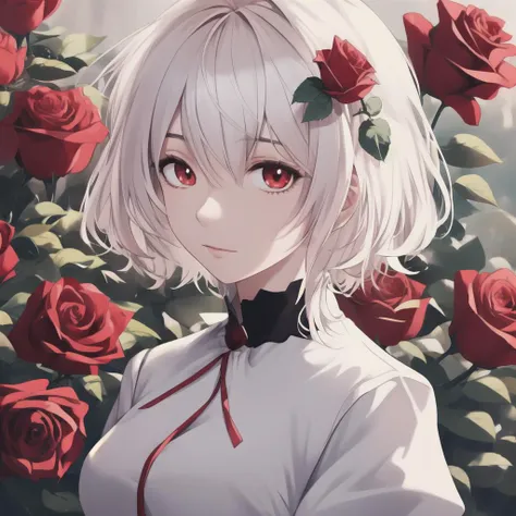 masterpiece, anime, close up, white short hair, red eyes, 1girl, solo, red roses