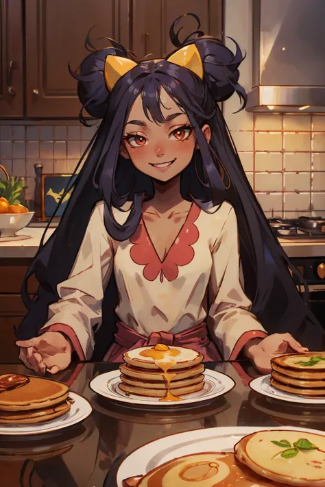 iris (pokemon),long purple hair, big hair, red eyes, dark skin, hair ornament, long sleeves, looking at viewer, smiling, sitting, behind a table, inside cozy kitchen, table full of food, pancakes, high quality, masterpiece <lora:Iris_Pokemon:.8>
