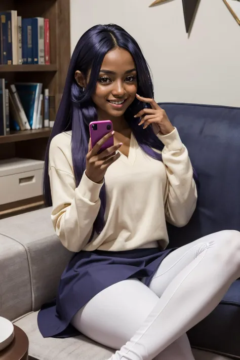 iris (pokemon),long purple hair, big hair, red eyes, dark skin, hair ornament, white leggings, long sleeves, pink skirt, looking at viewer, smiling, sitting, on sofa, holding cell phone, inside cozy living room, high quality, masterpiece <lora:Iris_Pokemon:.8>