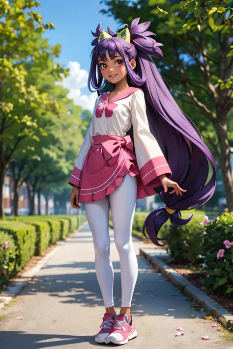 iris (pokemon),long purple hair, big hair, red eyes, dark skin, hair ornament, white leggings, long sleeves, pink skirt, shoes, looking at viewer, smiling,standing, full body shot, outside, trees, park, flowers, blue sky, high quality, masterpiece <lora:Iris_Pokemon:.8>