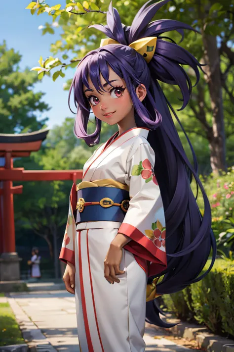 iris (pokemon),long purple hair, big hair, red eyes, dark skin, hair ornament, traditional kimono, sash, long sleeves, looking at viewer, serious, smiling, standing, hands behind back, outside, red torii, trees, garden, blue sky, high quality, masterpiece <lora:Iris_Pokemon:.8>