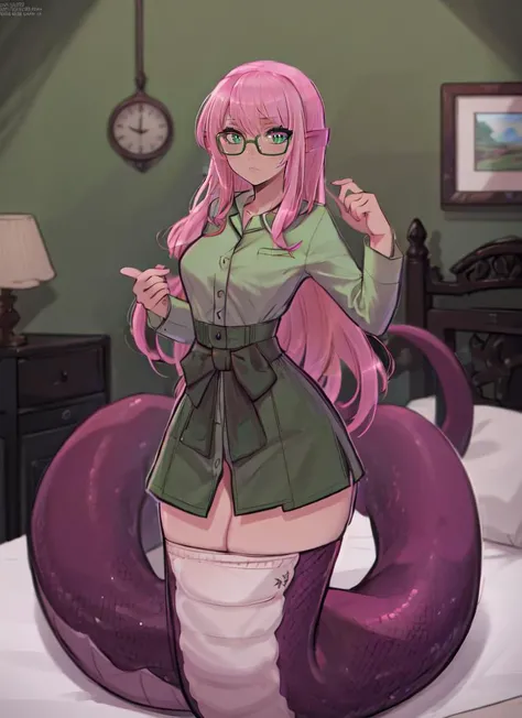 ((best quality)), ((highly detailed)), masterpiece, (detailed eyes, deep eyes), (1girl), (glasses), Forced Perspective, cowboy shot, ((thighhighs)), <lora:hairdetailer:.9>, <lora:aiomonstergirls_loraLocon:.5>, <lora:animeLamia_v10:1>, (lamia), scales, tail, merged at waist, standing, (British racing green scales), <lora:slit-pupils:1>, snake eyes, (indoors, in a bedroom, on a bed, <lora:pajamas:.7>, pajamas, ((socks))), <lora:kannelart:1>, kannelart