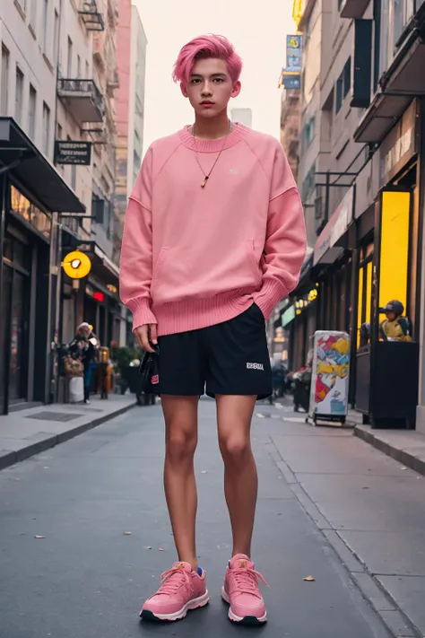 best picture quality,zeiss,high resolution,movie poster,extreme light and shadow,8K,1boy,(prospect),(colorful),sneakers,male focus,(full body display),(loose fitting sweater),mn,(short hair),(baggy shorts),(pink hair),set on a city street, <lora:mnå¤ä»2:1>