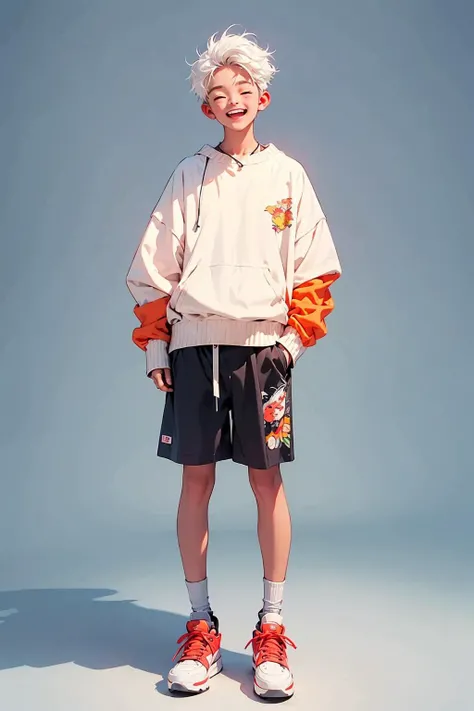 best picture quality,zeiss,high resolution,movie poster,extreme light and shadow,8K,1boy,(prospect),male focus,(full body display),(mn),(short hair),(baggy shorts),simple background,loose fitting sweater,white hair,simple background,(laugh), <lora:mnå¤ä»2:1>