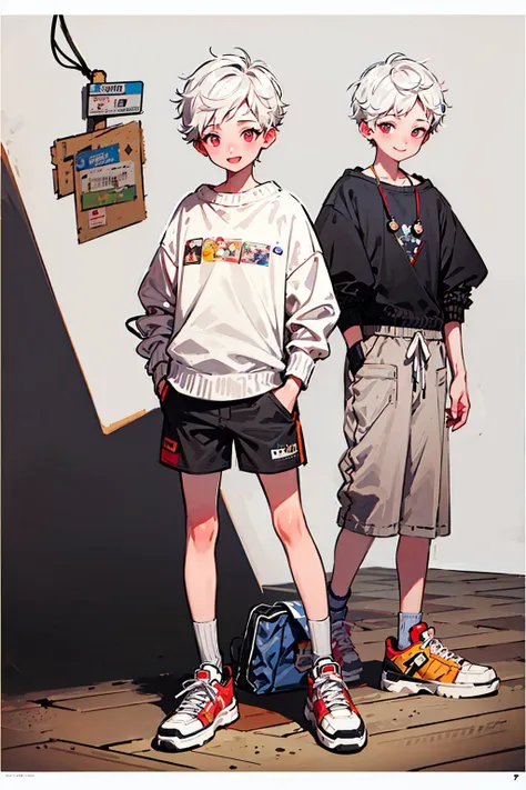 best picture quality,zeiss,high resolution,movie poster,extreme light and shadow,8K,(1boy),(prospect),male focus,(full body display),(mn),(short hair),(baggy shorts),simple background,loose fitting sweater,white hair,simple background,smile, <lora:mnå¤ä»2:1>
