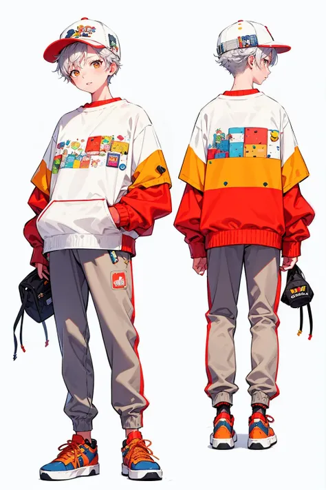 <lora:å¤ä»2:0.9>,mn,hat,multiple views,white background,shoes,simple background,short hair,1boy,long sleeves,pants,white headwear,sweater,male focus,socks,print headwear,baseball cap,grey hair,white pants,full body,sneakers,white hair,standing,profile,looking at viewer,