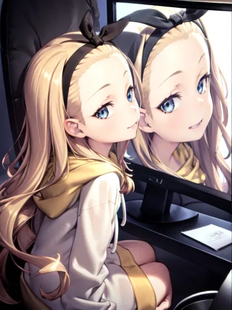 (masterpiece, sidelighting, finely detailed beautiful eyes: 1.2), masterpiece*portrait, realistic, 3d face, lustrous skin,looking to the side,from side, <lora:lycorisRecoilWalnut_v10:1>,1girl,solo, arms,blonde hair, long hair, hood, blue eyes, barefoot, hoodie, hairband, ribbon, white hoodie,looking at viewer, monitor,