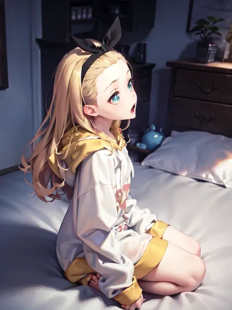 (masterpiece, sidelighting, finely detailed beautiful eyes: 1.2), masterpiece*portrait, realistic, 3d face, lustrous skin,looking to the side,from side, <lora:lycorisRecoilWalnut_v10:1>,1girl,solo, arms,blonde hair, long hair, hood, blue eyes, barefoot, hoodie, open mouth, hairband, ribbon, white hoodie
