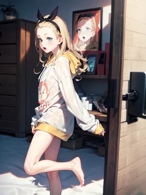 (masterpiece, sidelighting, finely detailed beautiful eyes: 1.2), masterpiece*portrait, realistic, 3d face, lustrous skin,looking to the side,from side, <lora:lycorisRecoilWalnut_v10:1>,1girl,solo, arms,blonde hair, long hair, hood, blue eyes, barefoot, hoodie, open mouth, hairband, ribbon, white hoodie