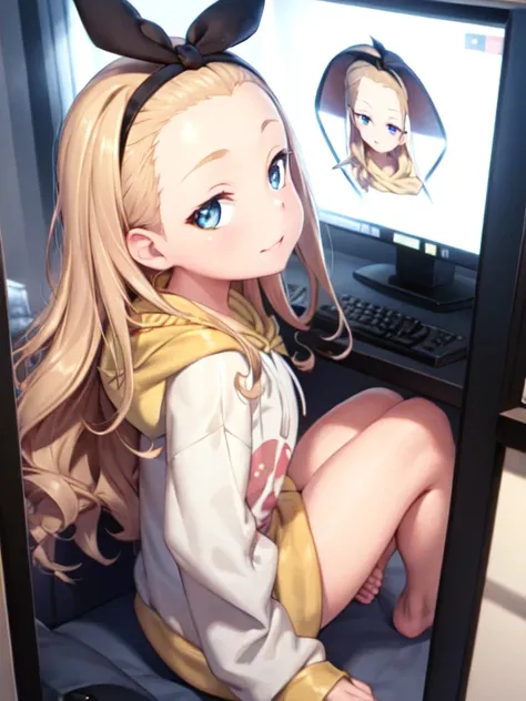 (masterpiece, sidelighting, finely detailed beautiful eyes: 1.2), masterpiece*portrait, realistic, 3d face, lustrous skin,looking to the side,from side, <lora:lycorisRecoilWalnut_v10:1>,1girl,solo, arms,blonde hair, long hair, hood, blue eyes, barefoot, hoodie, hairband, ribbon, white hoodie,looking at viewer, monitor, smug,