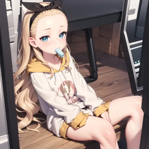 (masterpiece, sidelighting, finely detailed beautiful eyes: 1.2), masterpiece*portrait, realistic, 3d face, lustrous skin,eating ice cream, <lora:lycorisRecoilWalnut_v10:1>,1girl,solo, arms,blonde hair, long hair, hood, blue eyes, barefoot, hoodie, hairband, ribbon, white hoodie,looking at viewer, monitor, blush,lying,