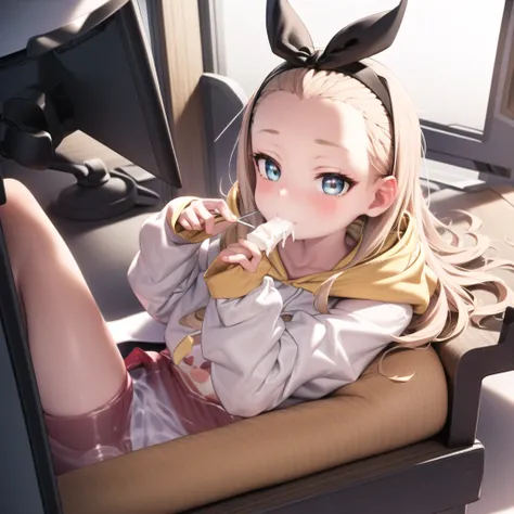 (masterpiece, sidelighting, finely detailed beautiful eyes: 1.2), masterpiece*portrait, realistic, 3d face, lustrous skin,eating ice cream, <lora:lycorisRecoilWalnut_v10:1>,1girl,solo, arms,blonde hair, long hair, hood, blue eyes, barefoot, hoodie, hairband, ribbon, white hoodie,looking at viewer, monitor, blush,lying,