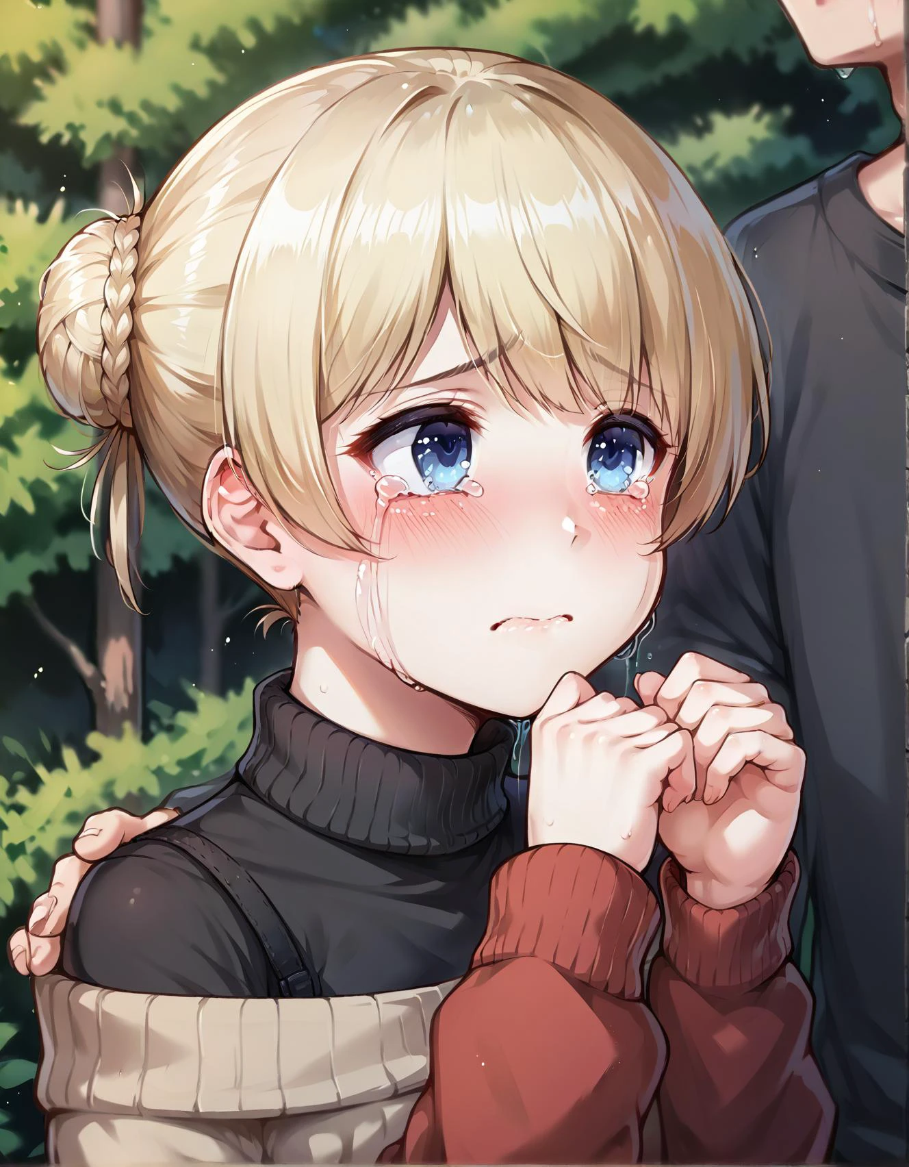 score_9,score_8_up,score_7_up,score_6_up,score_5_up,score_4_up 1girl,blush,short hair,blue eyes,blonde hair,black hair,1boy,upper body,tears,hair bun,looking at another,sweater,crying,crying with eyes open <lora:merrytail_pony_v1:0.8>,score_9,source_anime,,<lora:Photo Style SDXL_LoRA_20r_10e_22i_nr32_a16_Pony Diffusion V6 XL:0.8>,,