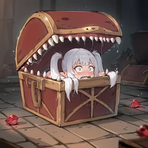 frieren trapped by mimic chest,scared,mimic chest,white hair,twintails,<lora:mimic_chest_ponyxl_v9:0.8>,<lora:merrytail_pony_v1:0.8>,ass,cover,gemstones,magic books,face focus,green eyes,