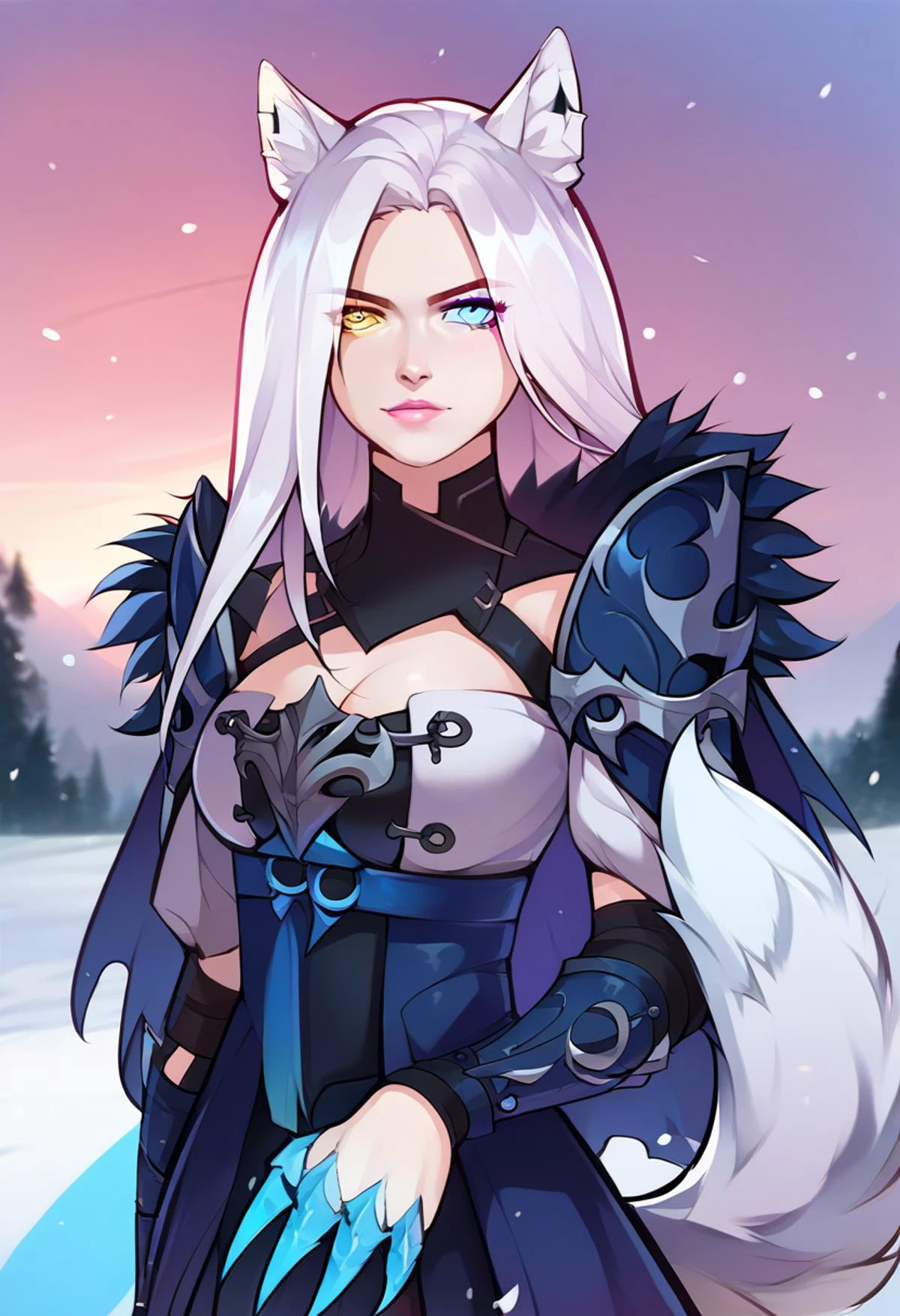 <lora:e7_Peira_-_Pony:0.85> e7 Peira, heterochromia, metal claws, perfect eyes, on a snowy field with a white snow wolf, wolf spirit <lora:merrytail_pony_v1:1>, score_9, score_8_up, score_7_up, score_6_up, score_5_up, score_4_up, hd, (ultra hd quality details), 8K