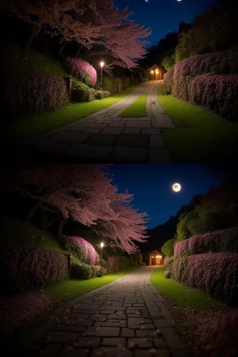 no humans,<lora:sakuru_v1:0.7>,ruanyi0007,<lora:detail_slider_v4:5>,cherry blossoms,falling petals,petals,<lora:nighttime_v1:1.1>,night,dark,dappled moonlight,the path,, best quality,masterpiece,high quality,real,realistic,super detailed,full detail,8K,