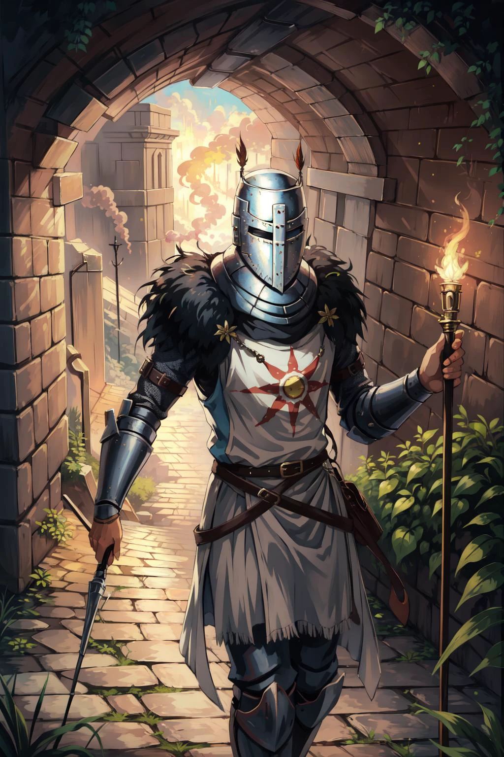 (masterpiece, best quality), intricate details,
1boy, <lora:Solaire:0.5> Solaire, knight, underground, cave, torch, dark, smoke, tunnel,