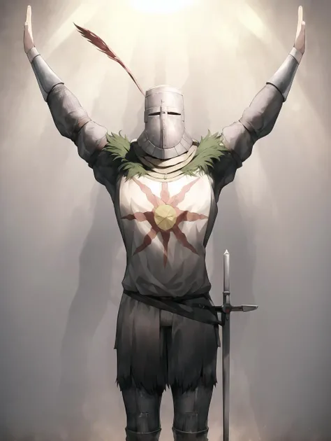 masterpiece,Solaire, 1man,sunlight, open_arms, <lora:Solaire:1> ,from_below ,upright, hands ,(draw up:1.2) ,chain mail ,aigrette ,