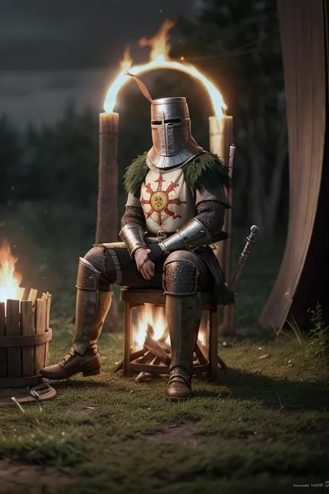 ((Solaire)),<lora:Solaire:0.5>,A knight sitting on a log in a forest, beside a large bonfire,(Extremely Detailed Oil Painting:1.2), glow effects, godrays, Hand drawn, render, 8k, octane render, cinema 4d, blender, dark, atmospheric 4k ultra detailed, cinematic sensual, Sharp focus, humorous illustration, big depth of field, Masterpiece, colors, 3d octane render, 4k, concept art, trending on artstation, hyperrealistic, Vivid colors, extremely detailed CG unity 8k wallpaper, trending on ArtStation, trending on CGSociety, Intricate, High Detail, dramatic, absurdes