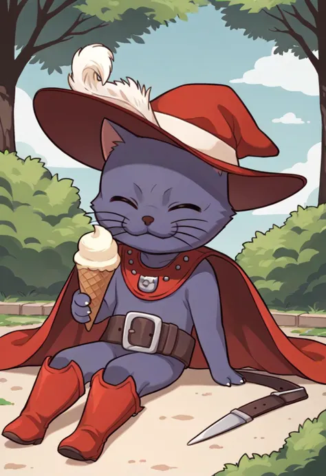 score_9, score_8_up, score_7_up, source_anime, chibi, cute, no humans, sitting, full body, on ground, closed mouth, closed eyes, holding ice cream cone, whiskers, BREAK <lora:CaitSithSMT-pdxl:1> caitsith, cat boy, red tricorne hat, hat feather, red cape, belt, thigh boots, outdoors, park, bush