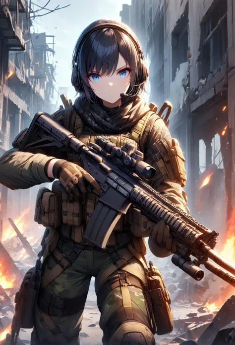 1girl,solo,intense black hair,short hair,asymmetrical cut,buzz cut,beautiful eyes,blue eyes,gloves, military, headset,camouflage, load bearing vest, sling,wearing epTactical,high boots,Assault Rifle,wielding black assault rifle,aiming at viewer,ruins,fire,destroyed buildings,debris,raining heavily,masterpiece,best quality,ultra detailed,<lora:add-detail-xl:1.5>, <lora:tactical_wear_sdxl:0.6>, <lora:XL_Weapon_Assault_Rifle_-_By_HailoKnight:0.95>