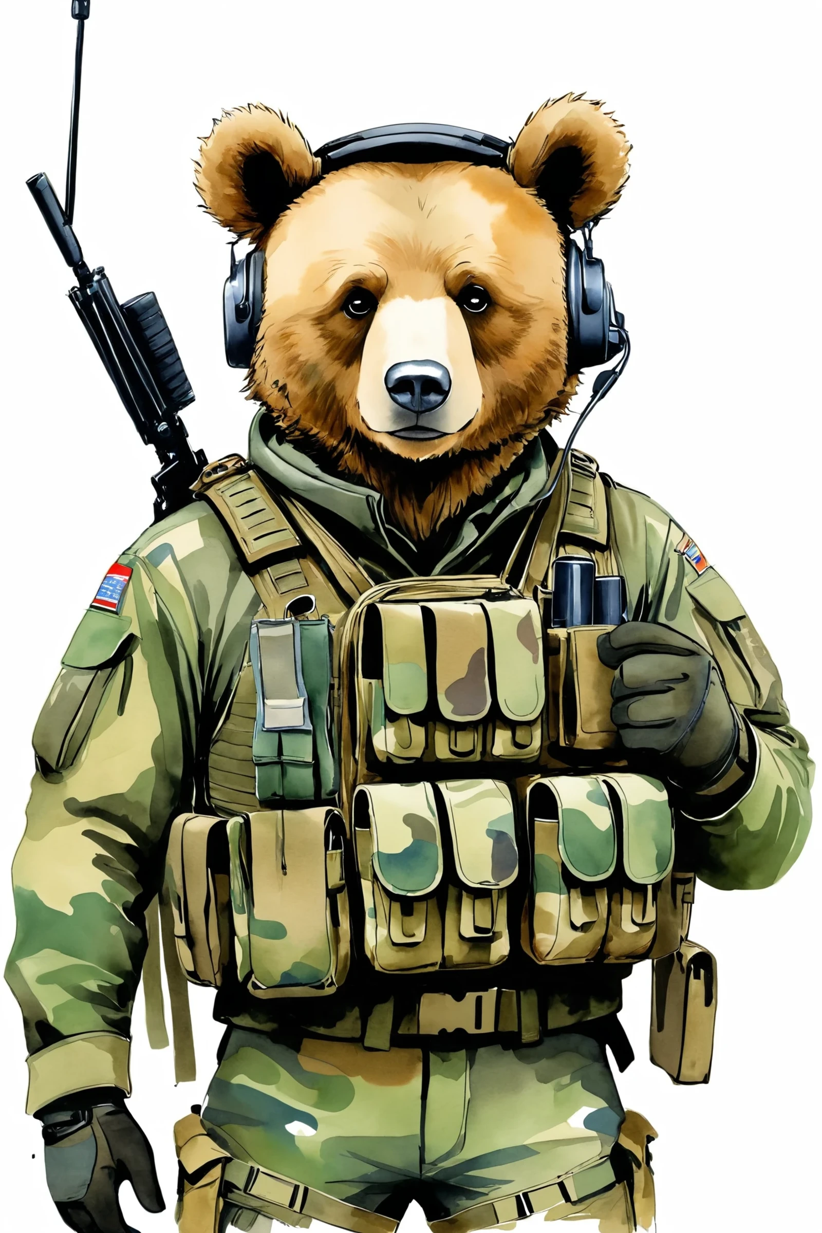 GLOVES, MILITARY, HEADSET,CAMOUFLAGE, LOAD BEARING VEST, SLING,WEARING EPTACTICAL, <lora:edgTacticalSDXLv1:1>
a cute bear one way to the new world, ralph steadman style character, line hand darwn style, watercolor, minimalism, front view,
amazing, beautiful, breathtaking, astonishing, brilliant,