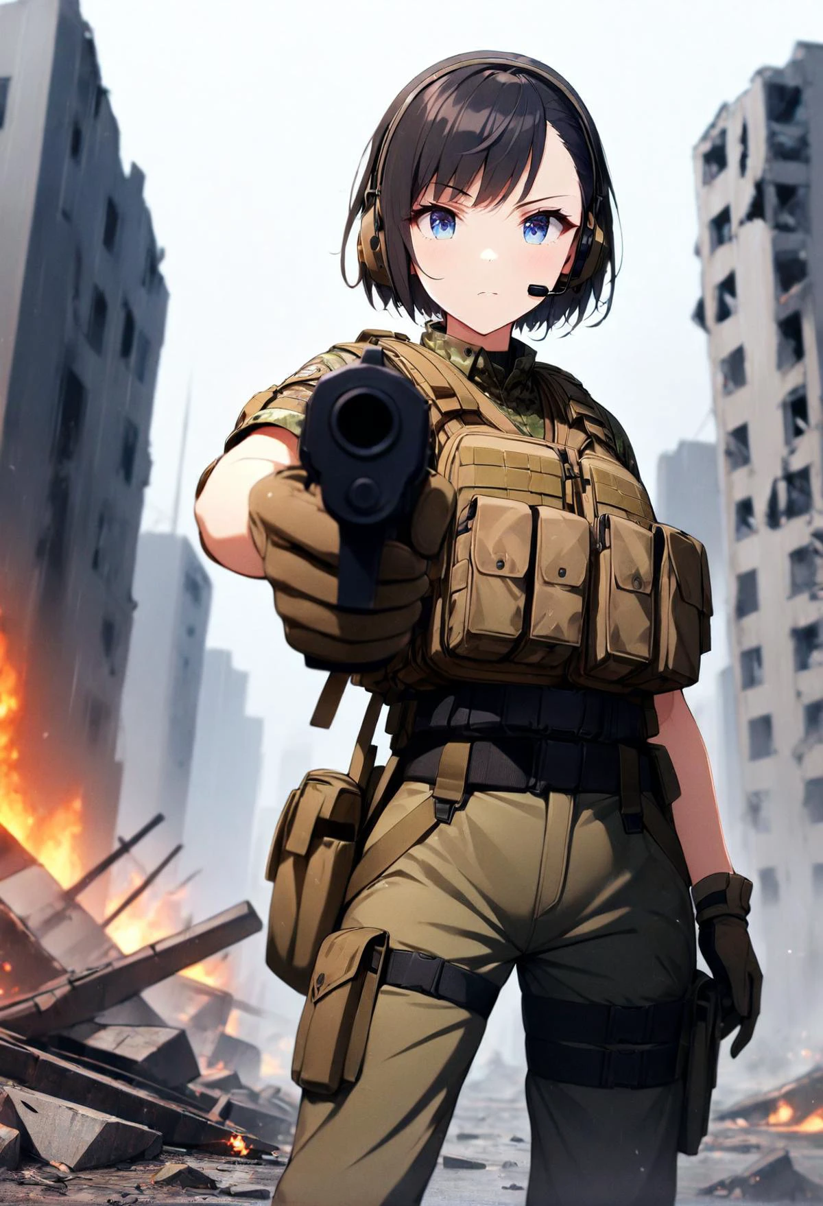 1girl,solo,intense black hair,short hair,asymmetrical cut,buzz cut,beautiful eyes,blue eyes,gloves, military, headset,camouflage, load bearing vest, sling,wearing epTactical,high boots,pointing pistol against viewer,ruins,fire,destroyed buildings,debris,raining heavily,masterpiece,best quality,ultra detailed,<lora:add-detail-xl:1>, <lora:tactical_wear_sdxl:0.6>,<lora:XL_Weapon_pistol:0.95>