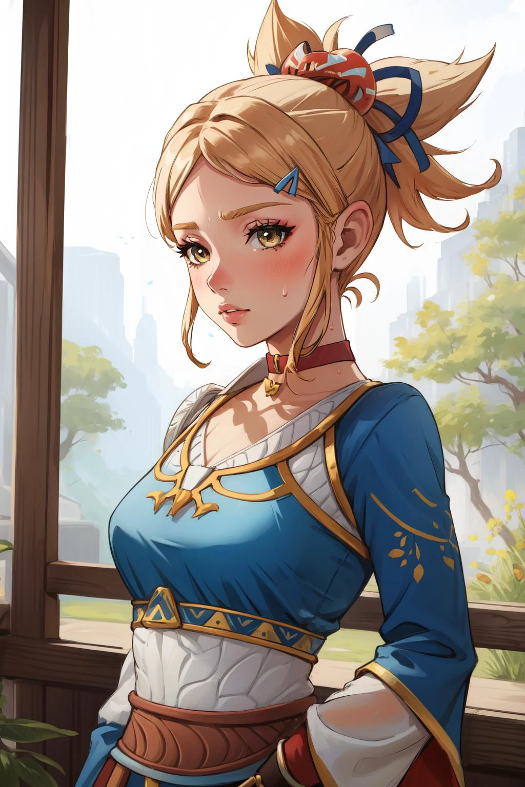 (masterpiece, best quality), intricate details,
1girl, <lora:yoimiya-10:0.8> yoimiya, solo, ponytail, hair ornament, choker, tattoo,
sweating,
<lora:zelda_botw_outfit_v0.1:0.8> zelda botw outfit