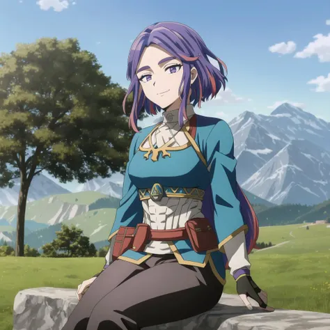 <lora:LadyNagantMHAv1:1>, lady nagant, boku no hero academia, (multicolored hair), (purple eyes), purple hair, smiling, outdoors, zelda botw outfit, landscape, sitting under a tree, <lora:zelda_botw_outfit_v0.1:1>