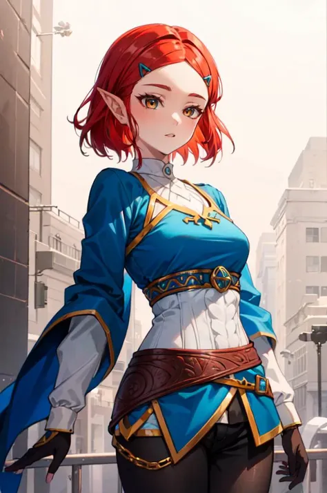 <lora:zelda_botw_outfit:0.8> zelda botw outfit,, ultra detailed, masterpiece, best quality, aesthetic, detailed,, solo, 1girl, red hair, orange eyes, amber eyes, swept bangs, parted bangs, <lora:LowTwintailsHelper:1> low twintails,
short hair, medium hair, small breasts, <lora:Tsurime3:1>, (tsurime:1.2),
