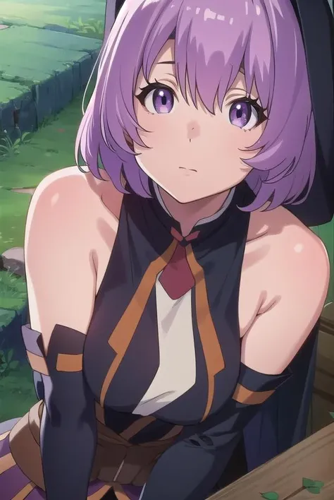 grimgarshihoru, <lora:shihoru-lora-nochekaiser:1>,
shihoru, short hair, purple hair, (purple eyes:1.1),
BREAK skirt, thighhighs, gloves, hat, bare shoulders, purple hair, detached sleeves, witch hat,
BREAK looking at viewer,
BREAK outdoors,
BREAK <lyco:GoodHands-beta2:1>, (masterpiece:1.2), best quality, high resolution, unity 8k wallpaper, (illustration:0.8), (beautiful detailed eyes:1.6), extremely detailed face, perfect lighting, extremely detailed CG, (perfect hands, perfect anatomy),