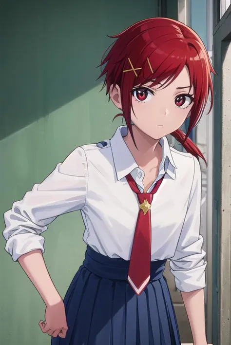 akanehino, <lora:akane hino s1-lora-nochekaiser:1>,
akane hino, short hair, hair ornament, (red eyes:1.3), ponytail, red hair, hair clip, x hair ornament,
BREAK skirt, school uniform, necktie, sweater, sleeves rolled up, clothes around waist, sweater around waist, nanairogaoka middle school uniform,
BREAK indoors, classroom, school,
BREAK looking at viewer, (cowboy shot:1.5),
BREAK <lyco:GoodHands-beta2:1>, (masterpiece:1.2), best quality, high resolution, unity 8k wallpaper, (illustration:0.8), (beautiful detailed eyes:1.6), extremely detailed face, perfect lighting, extremely detailed CG, (perfect hands, perfect anatomy),
