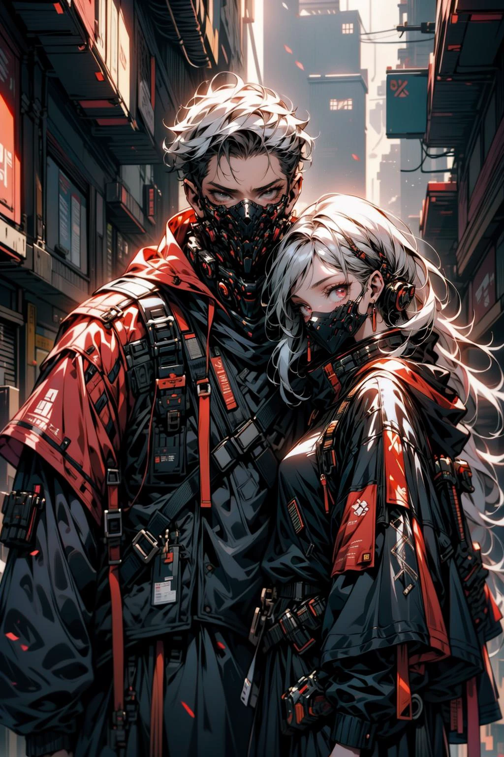 (masterpiece:1.1), (best quality:1.1), (vibrant colors:1.2), BREAK,
(1girl + 1man:1.2), (side by side:1.0), (arm around neck:1.0), (urban techwear:1.0), (mouth mask:1.0), <lora:Ghost_Mask_V2_Gold_Edition:0.8>, <lora:urbantechwear:0.8>, (looking at viewer:1.0), BREAK,
(biopunk:1.0),