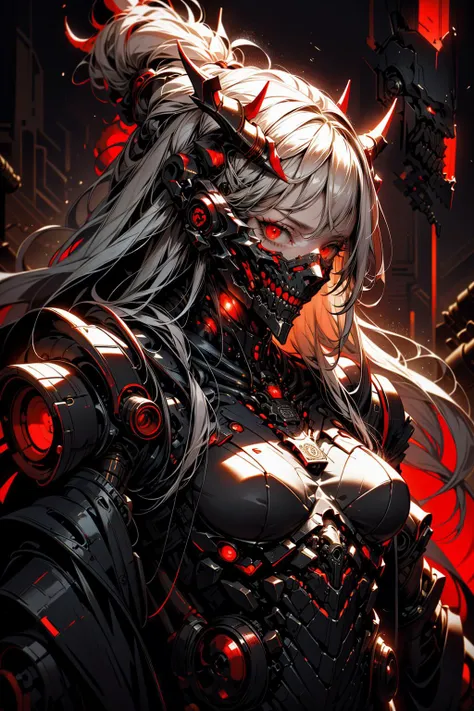 (masterpiece:1.1), (intricate:1.1), (detailed:1.1), (ornate:1.1), BREAK,
(horror:1.1), (satanic:1.1), (biopunk:1.1), (black and red theme:1.1), (glowing:1.1), BREAK,
(solo:1.2), (head and torso:1.0), (looking at viewer:1.0), (female:1.0), (cyborg:1.0), (mechanical parts:1.1), (mechanical joints:1.1), (mask:1.0), (spikes:1.0), (mechanical horns:1.0), (long hair:1.0), <lora:biomanic:0.8>, <lora:Ghost_Mask_V2_Gold_Edition:0.8>