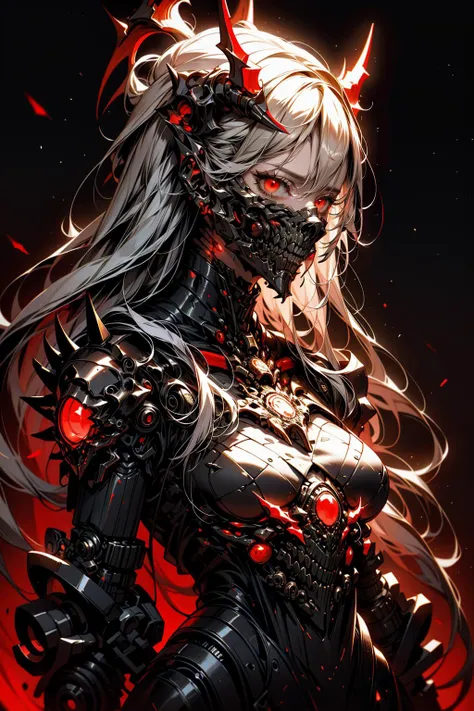 (masterpiece:1.1), (intricate:1.1), (detailed:1.1), (ornate:1.1), BREAK,
(horror:1.1), (satanic:1.1), (biopunk:1.1), (black and red theme:1.1), (glowing:1.1), BREAK,
(solo:1.0), (upper body:1.0), (looking at viewer:1.0), (female:1.0), (cyborg:1.0), (mechanical parts:1.1), (mechanical joints:1.1), (mask:1.0), (spikes:1.0), (mechanical horns:1.0), (long hair:1.0), <lora:biomanic:0.8>, <lora:Ghost_Mask_V2_Gold_Edition:0.8>, BREAK,
(futuristic backdrop:1.0)
