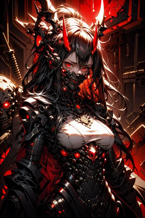 (masterpiece:1.1), (intricate:1.1), (detailed:1.1), (ornate:1.1), BREAK,
(horror:1.1), (satanic:1.1), (biopunk:1.1), (black and red theme:1.1), (glowing:1.1), BREAK,
(solo:1.0), (upper body:1.0), (looking at viewer:1.0), (female:1.0), (cyborg:1.0), (mechanical parts:1.1), (mechanical joints:1.1), (mask:1.0), (spikes:1.0), (mechanical horns:1.0), (long hair:1.0), <lora:biomanic:0.8>, <lora:Ghost_Mask_V2_Gold_Edition:0.8>, BREAK,
(futuristic backdrop:1.0)
