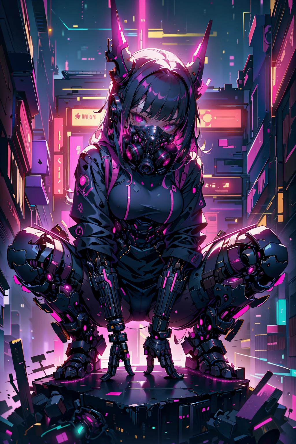(masterpiece:1.4), (intricate:1.2), (detailed:1.2), (vibrant colors:1.2), BREAK,
(cyberpunk:1.0), (science fiction:1.0), (neon:1.0), (pink theme:1.2), (glowing:1.0), BREAK
(solo:1.0), (delinquent:1.0), (squatting:1.0), (spread legs:1.0), (hood:1.0), (bangs:1.0), (techwear:1.0), (gas mask:1.1), (mechanical neck:1.1), (mechanical horns:1.0), ( CyberpunkAI:1.0), <lora:Ghost_Mask_V2_Gold_Edition:1.2>, <lora:CyberPunkAI:0.8>, BREAK,
(night:1.2)