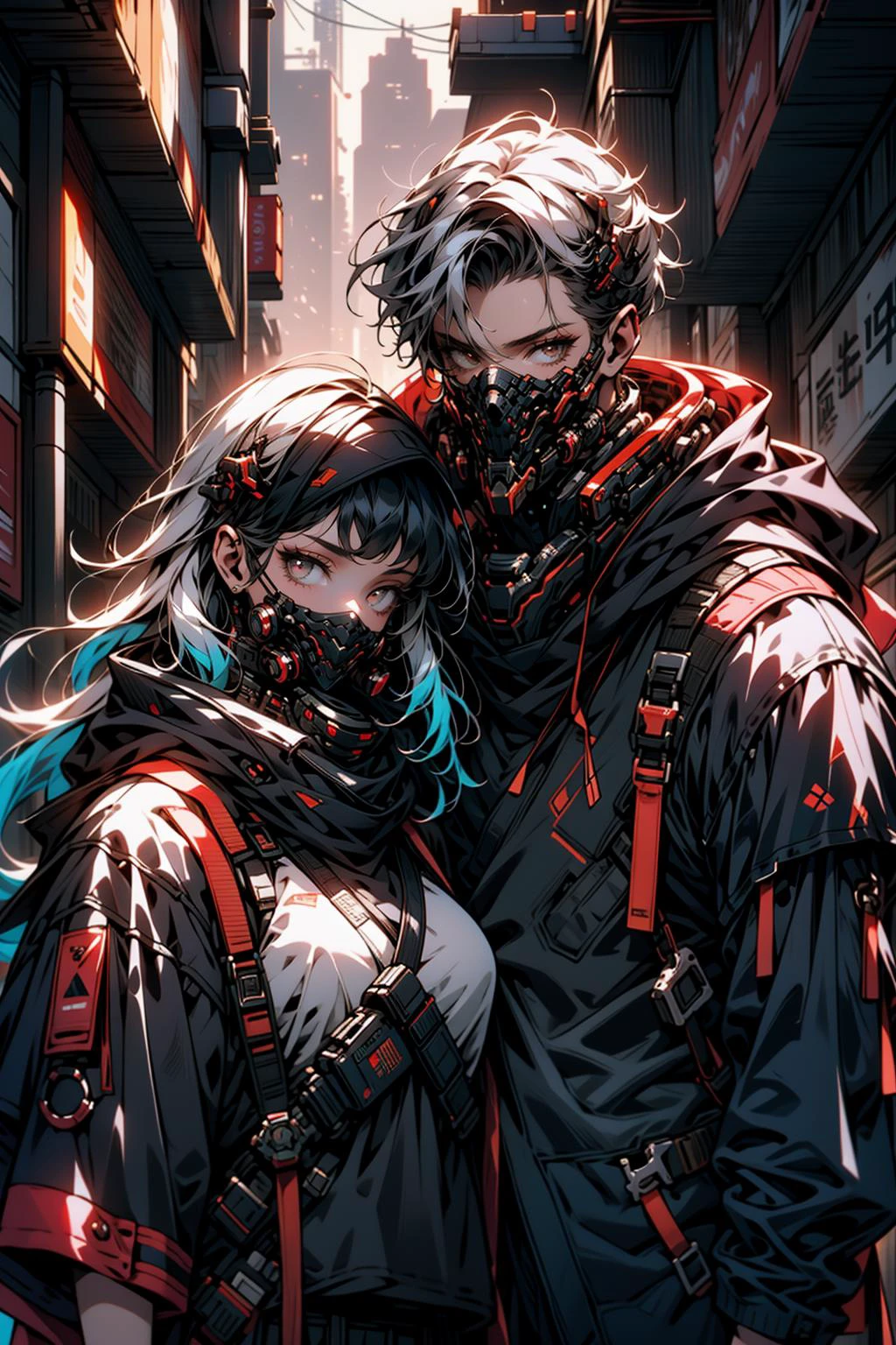 (masterpiece:1.1), (best quality:1.1), (vibrant colors:1.2), BREAK,
(1girl + 1man:1.2), (side by side:1.0), (arm around neck:1.0), (upper body:1.0), (urban techwear:1.0), (mouth mask:1.0), (looking at viewer:1.0), <lora:Ghost_Mask_V2_Gold_Edition:0.7>, <lora:urbantechwear:0.7>, BREAK,
(biopunk:1.0),