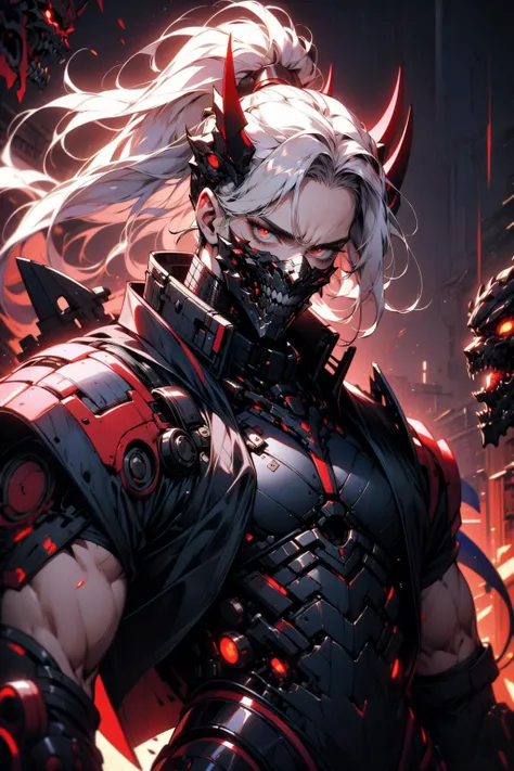 (masterpiece:1.1), (best quality:1.1), (detailed:1.0), (vibrant colors:1.1), BREAK, (dynamic angle:1.2), (solo:1.2), (male focus:1.2), (handsome:1.0), (mechanical limbs:1.0), (white hair:1.0), (muscular:1.0), (bare chest:1.0), (abs:1.0), (horns:1.0), (mask:1.1), (fangs:1.0), (ponytail:1.0), (looking at viewer:1.0), (glowing eyes:1.0), (aggressive:1.0), (menacing:1.1), (violent:1.0), (deranged:1.0), <lora:biomanic:0.8>, <lora:Ghost_Mask_V2_Gold_Edition:0.8>, BREAK, (science fiction:1.0), (demonic:1.0)