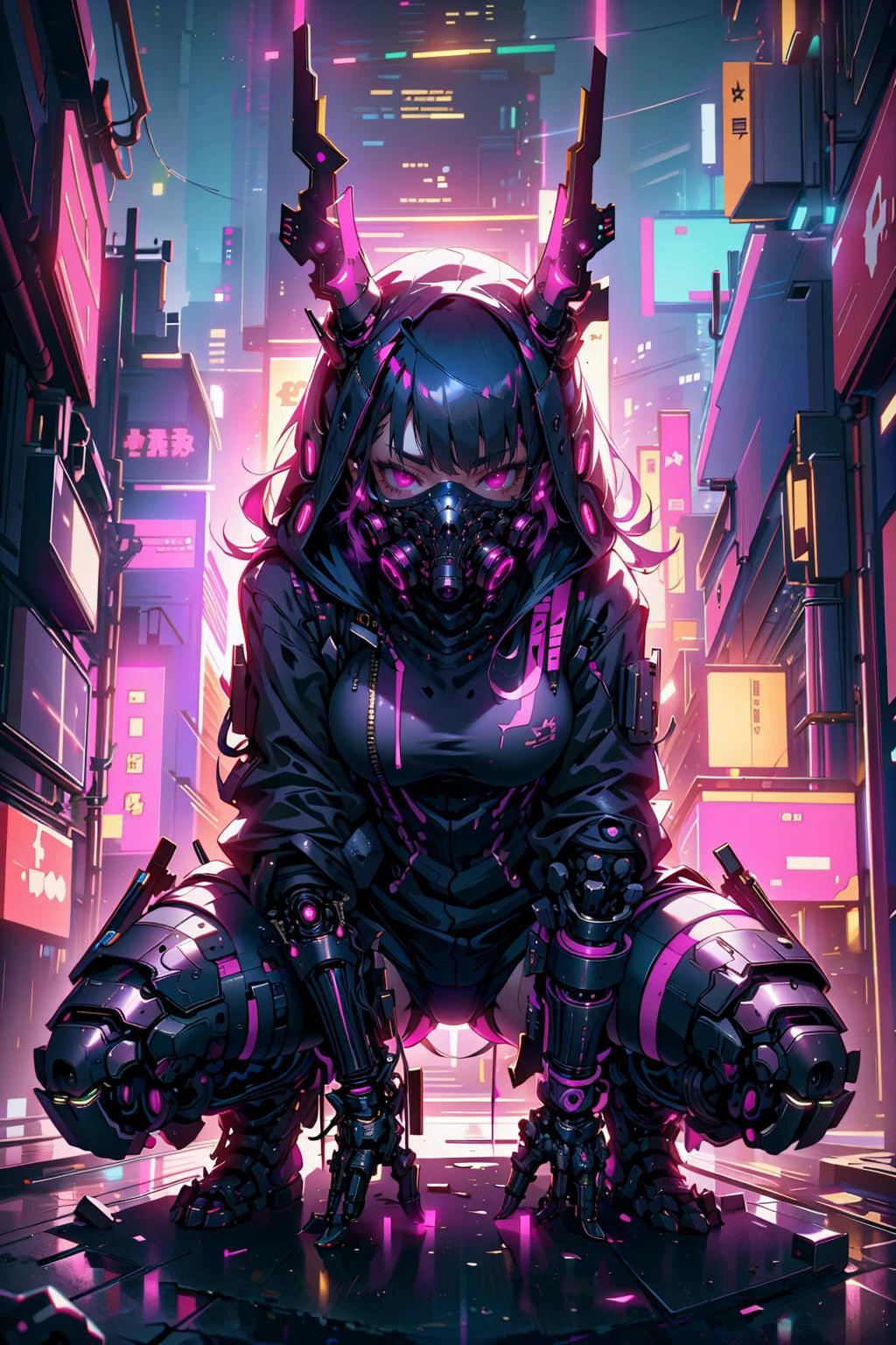 (masterpiece:1.4), (intricate:1.2), (detailed:1.2), (vibrant colors:1.2), BREAK,
(cyberpunk:1.0), (science fiction:1.0), (neon:1.0), (pink theme:1.2), (glowing:1.0), BREAK
(solo:1.0), (delinquent:1.0), (squatting:1.0), (spread legs:1.0), (hood:1.0), (bangs:1.0), (techwear:1.0), (gas mask:1.1), (mechanical neck:1.1), (mechanical horns:1.0), ( CyberpunkAI:1.0), <lora:Ghost_Mask_V2_Gold_Edition:1.2>, <lora:CyberPunkAI:0.8>, BREAK,
(night:1.2)