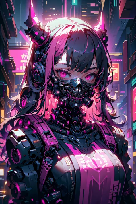 (masterpiece:1.4), (intricate:1.2), (detailed:1.2), (vibrant colors:1.2), BREAK,
(cyberpunk:1.0), (science fiction:1.0), (neon:1.0), (pink theme:1.2), BREAK
(head and torso:1.0), (solo:1.0), (thug:1.0), (long hair:1.0), (bangs:1.0), (techwear:1.0), (gas mask:1.1), (mechanical neck:1.1), (mechanical horns:1.0), ( CyberpunkAI:1.0), <lora:Ghost_Mask_V2_Gold_Edition:1.2>, <lora:CyberPunkAI:0.8>, BREAK,
(night:1.2)